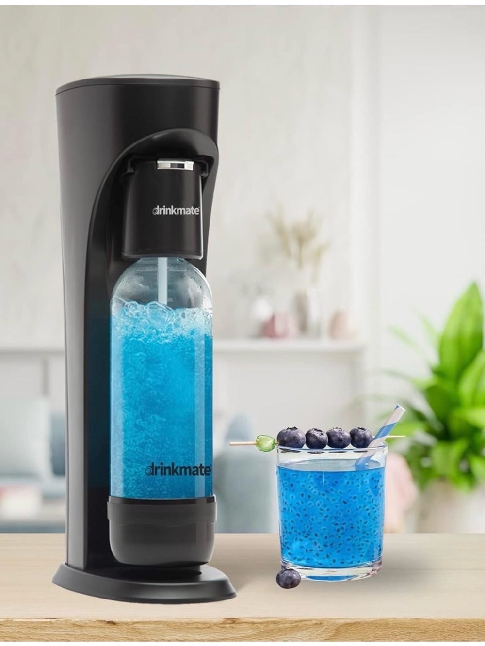 Drinkmate Carbonation Machine in Black with Blue Bottle